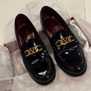 Valentino Shiny Black Loafers with Gold Detail